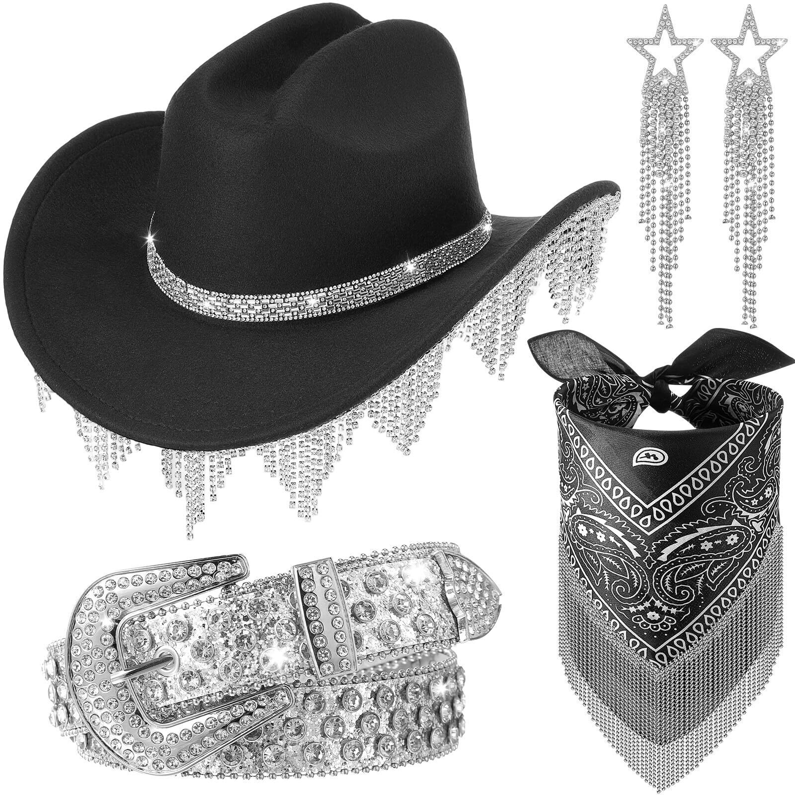 8966 4 Pcs Rhinestone Hat For Cowgirl Women Cowboy Hat Earrings Star